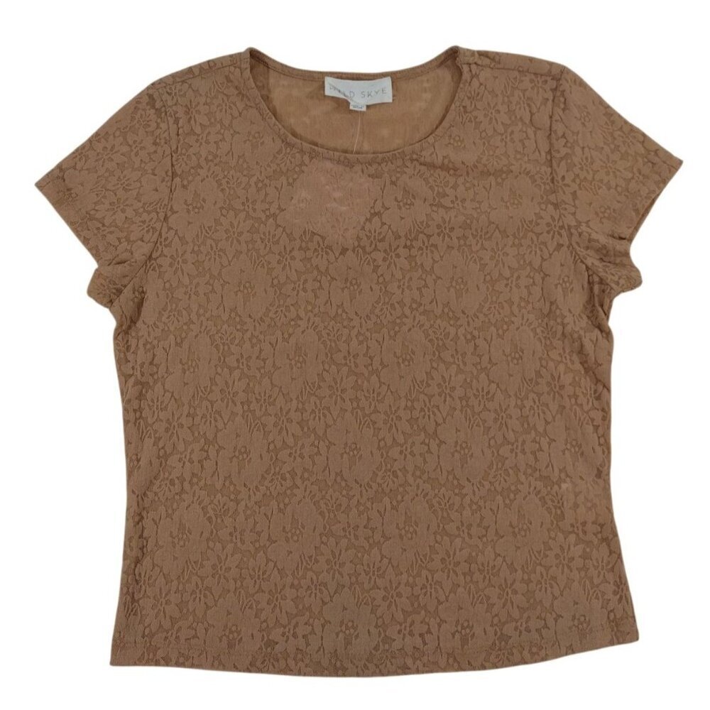 Wild Skye Womens Beige Floral Lace Short Sleeve Stretch Top Size L, NWT.